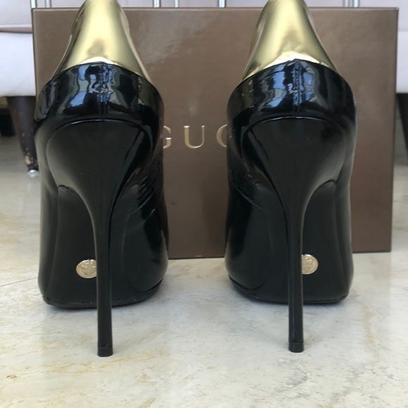 Gucci Black Stiletto Open Toe Booties Gold Back -8 - Picture 5 of 10